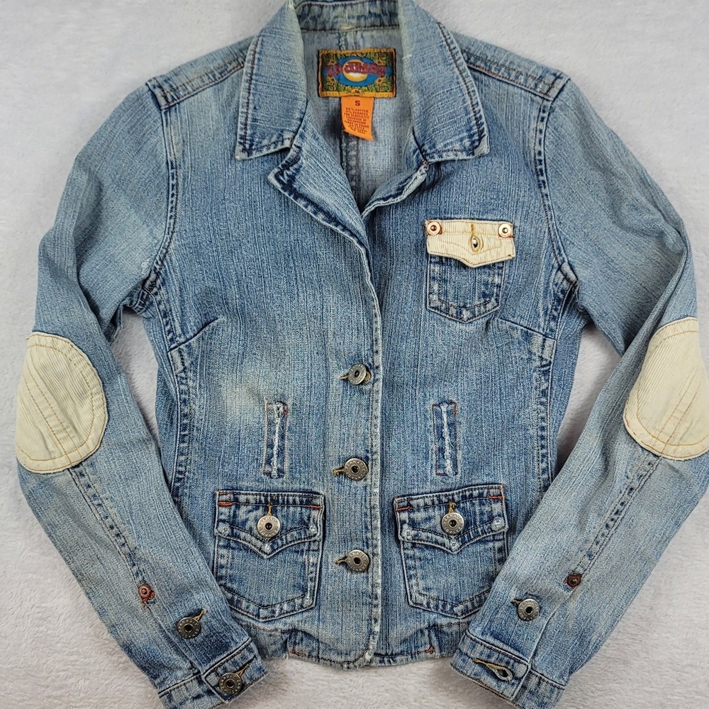 Zana Di Denim Jacket Light Wash Corduroy Elbow Patches Y2K Small